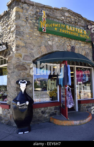 Eine Bärenstatue steht vor einem Souvenir-Shop an der Hauptstraße in die Stadt Jasper Stockfoto