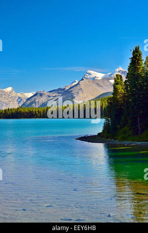 Eine vertikale Landschaft der Maligne Lake im Jasper-Nationalpark Alberta Kanada. Stockfoto