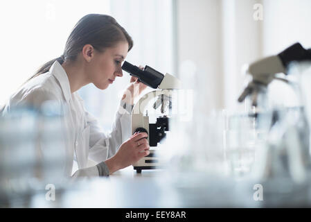 Weibliche Laborantin, die Analyse der Probe durch Mikroskop Stockfoto