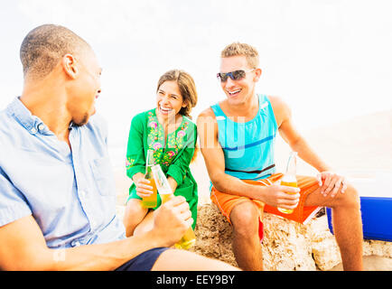 Junge Menschen, die Bier trinken am Strand Stockfoto