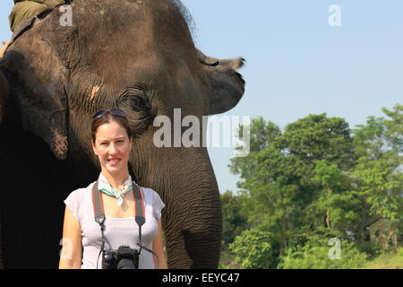 Chitwan, Nepal - 14. Oktober 2012: Indische Elefanten - Elephas Maximus Indicus-Transport Touristen auf Safari im Morgengrauen durch die Wiesen, die Grenze Stockfoto