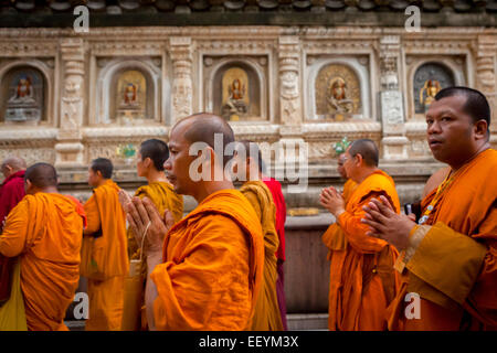 Buddhistische Mönche einzukreisen und beten am Mahabodhi-Tempel, Bodh Gaya, Indien, ein Tag nach den Terrorismus Bombe Explosion am 7. Juli 2013. Stockfoto