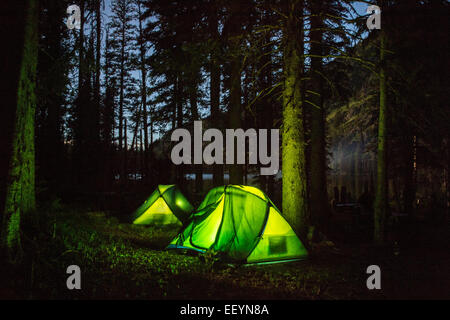 Zelte Glühen in der dunklen treffen nach einem Nachmittag Lama trekking und Wandern in der Schwan-Gebirge im Nordwesten Montana. Auch im Hochsommer fällt die Temperatur drastisch nachts in alpinen Gebieten. (Foto von Ami Vitale) Stockfoto