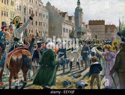 Die Monarchen und Generäle auf dem Marktplatz in Leipzig am 19.10.1813, von links: Gneisenau, Mueffling, Wilson, Falkenhayn, Bluech Stockfoto