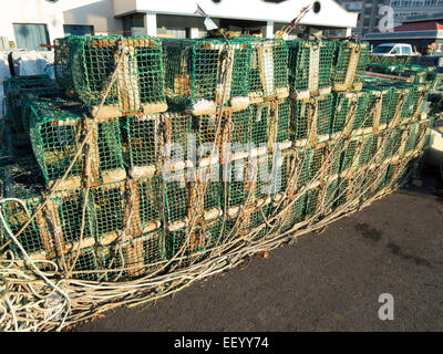 Stapel von hölzernen Angeln Gatter in Ribadesella öffentlichen Port Asturien Spanien Europa Stockfoto