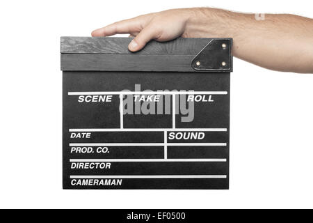 männliche Hand, die Film Produktion Clapper Board isoliert auf weißem Hintergrund Stockfoto