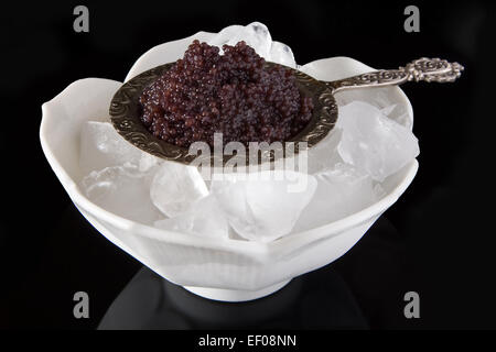Schwarzer Kaviar auf Eis in einem silbernen Tablett serviert Stockfoto