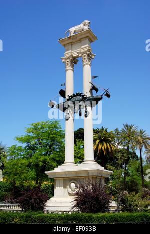 Christopher Columbus-Denkmal im Park (Paseo de Catalina de Riber), Sevilla, Provinz Sevilla, Andalusien, Spanien, Europa. Stockfoto