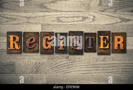 Das Wort "Registrieren" in Vintage Holz Buchdruck Art geschrieben. Stockfoto