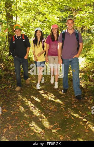 Freunde, die zu Fuß auf einem Waldweg Stockfoto