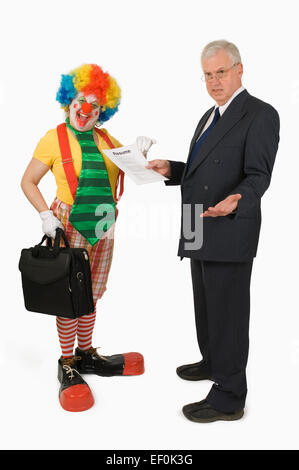 Geschäftsmann des Clowns Lebenslauf betrachten Stockfoto