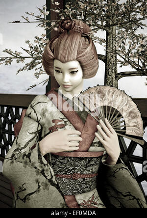 Digitalen 3D-Render schöne Vintage Geisha Tracht sitzt in einem Pavillon, blauer Himmel und Kirschblüten Stockfoto