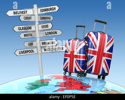 Reisekonzept. Koffer und Wegweiser was in Großbritannien zu besuchen. 3D Stockfoto