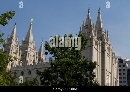 Ansicht der Salt-Lake-Tempel, Kirche Jesu Christi der Heiligen der letzten Tage, Salt Lake City, Utah, USA im Juli Stockfoto