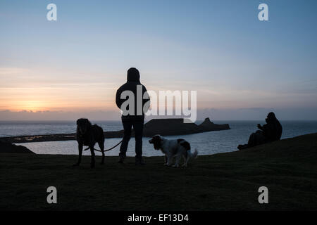 Dog Walker Silhouette mit zwei Hunden bei Sonnenuntergang an einem bitter kalten, sonnigen und windigen Tag des Wurms Kopf, Gower Halbinsel, Wales, UK. Stockfoto