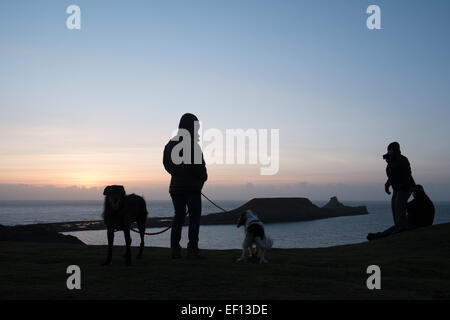 Dog Walker Silhouette mit zwei Hunden bei Sonnenuntergang an einem bitter kalten, sonnigen und windigen Tag des Wurms Kopf, Gower Halbinsel, Wales, UK. Stockfoto