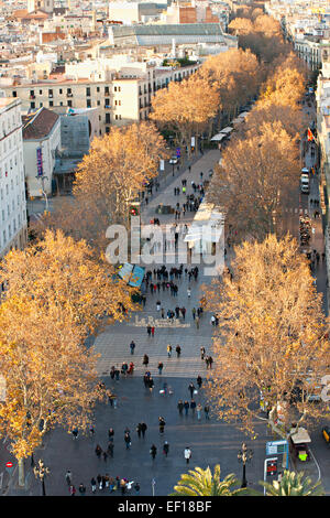 Luftaufnahme von La Rambla in Barcelona, Spanien Stockfoto