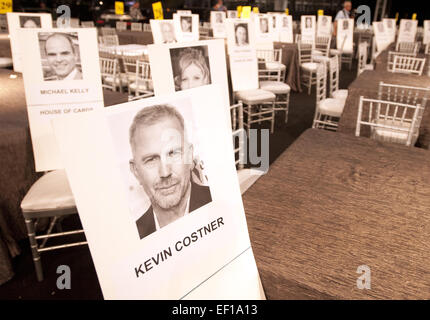 Los Angeles, Kalifornien, USA. 24. Januar 2015. SAG Sitzordnung für Kevin Costner für die 21. Hauptversammlung 2015 Screen Actors Guild Awards-Vorbereitungen im Gange im Shrine Auditorium. Arbeiter, Zelte, Bühnen, Tribünen und zeigt am Samstag. © David Bro/ZUMA Draht/Alamy Live-Nachrichten Stockfoto