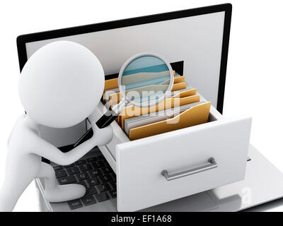 3D Renderer. Weiße Leute überprüft Dateien mit Laptop und Ordner. Daten-Stauraum-Konzept. Stockfoto