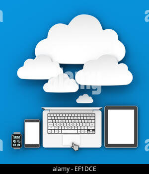 Gadgets, die Verbindung zur Cloud mit Exemplar, 3d Rendern Stockfoto