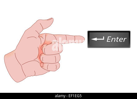 Retro-Stil gerichtete Fingerzeig auf einen Computer enter-Taste mit einer Illustration von der Hand. Isoliert auf weiss. Stockfoto