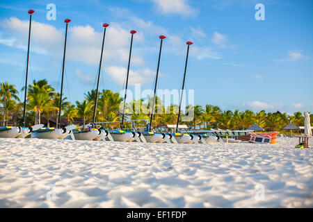 Gruppe von Katamarane mit bunten Segeln auf exotische Karibik-Strand Stockfoto