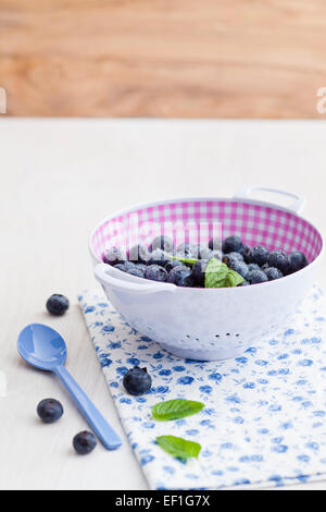 Frische Heidelbeeren in einem Kunststoff-Sieb mit einem Löffel Stockfoto