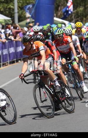 Adelaide, Australien. 25. Januar 2015. Ocker-Tour LeaderRohan Dennis von BMC Racing Team Jersey in das Hauptfeld bei Stufe 6 Stadtkurs der Santos Tour Down Under am 25. Januar 2015 in Adelaide, Australien. Bildnachweis: Peter Mundy/Alamy Live-Nachrichten Stockfoto