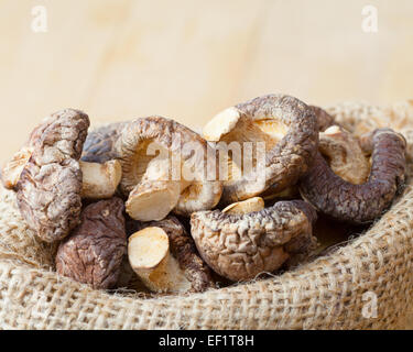 getrocknete Shiitake-Pilzen in hessischen Tasche auf Holz Küchentisch Stockfoto