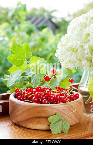 Reife rote Johannisbeeren in Holzschale und Bouquet von weißen Garten Blumen auf der Fensterbank Stockfoto