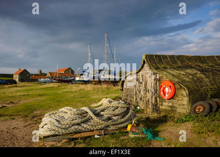 Umgedrehten Angeln Baots verwendet als Lagerung Hütten, Holy Island harbour, Lindisfarne, Northumberland, England Stockfoto