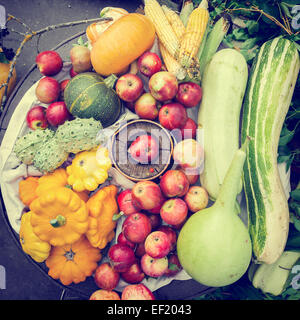 Geerntete Obst und Gemüse Heap, Herbst Stilleben, Ansicht von oben Stockfoto