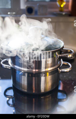 Ein Gemüse-Dampfer auf ein Glaskeramik-Kochfeld. Stockfoto