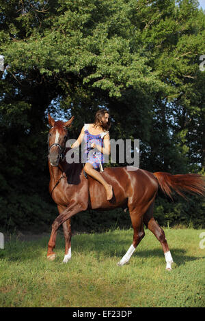 Mädchen drehte sich um und blickt zurück auf ein galoppierendes Pferd Stockfoto