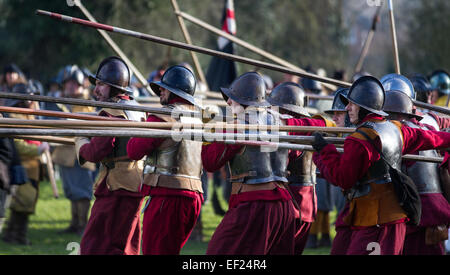 Pikemen in historischer Tracht am Holly Holy Day. Nantwich, Cheshire, Großbritannien. Januar 2015. Die Versiegelten Fußsoldaten Der Knotenarmee versammelten sich in der historischen Stadt zu einer spektakulären Wiederholung der blutigen Schlacht, die vor fast 400 Jahren zwischen Parlamentariern und Royalisten stattfand, die das Ende der Belagerung der Stadt markierte. Die Infanterietruppe, die Regimenter der Roundheads, cavaliers und uniformierte historische Unterhalter konvergierten zum Stadtzentrum, um die Schlacht erneut zu führen. Die Infanteriebelagerung, Geschichte der kämpfe der britischen Armee im Januar 1644 war einer der Hauptkonflikte des englischen Bürgerkrieges. Stockfoto