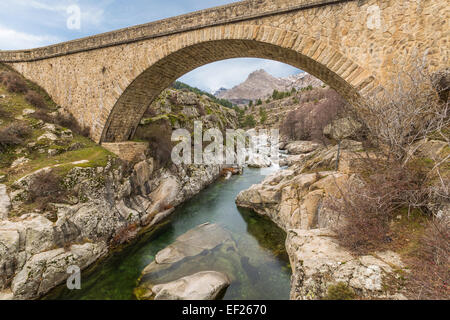 Brücke über den Fluss Golo in der Nähe von Albertacce in zentralen Korsika mit Mount Albanu in der Ferne Stockfoto