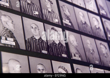 Fotos der Opfer in Auschwitz Lager des staatliches Museum Auschwitz-Birkenau Denkmal angezeigt. Stockfoto