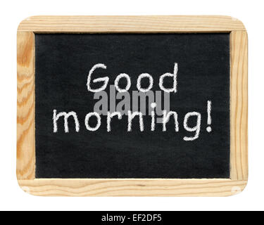 Tafel mit guten Morgen! Satz isoliert auf weißem Hintergrund Stockfoto