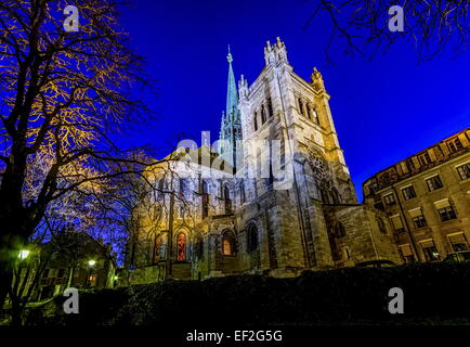 Rückseite der Kathedrale Saint-Pierre in Genf bei Nacht, Schweiz Stockfoto