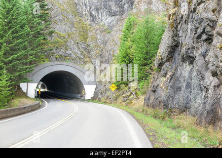 Tunnel geschnitzt in einem Berg entlang der Hurricane Ridge Road in Olympic Nationalpark, Washington, USA Stockfoto