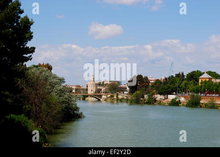 Blick auf den goldenen Turm (Torre del Oro) entlang des Flusses Guadalquivir im Zentrum Stadt, Sevilla, Provinz Sevilla, Andalusien, Stockfoto