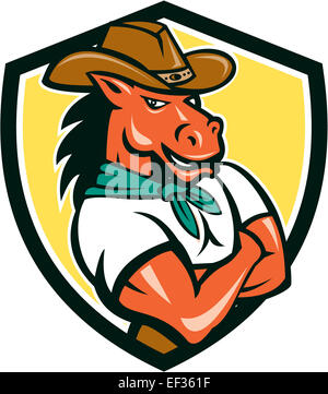 Abbildung von einem Cowboy Pferd stehend mit Hut Arme gekreuzt Satz innen Schild Wappen auf isolierte Hintergrund im Cartoon-Stil gemacht. Stockfoto