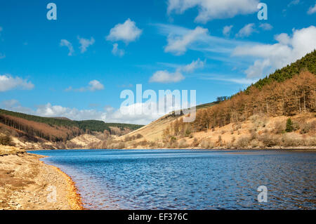 Woodlands Tal und Ladybower Vorratsbehälter an einem sonnigen Frühlingstag mit blauem Himmel. Stockfoto