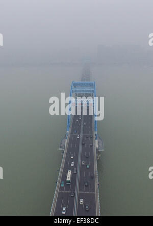 Hangzhou. 26. Januar 2015. Luftbild, aufgenommen am 26. Januar 2015 zeigt eine Brücke eingehüllt in Smog über Qiantang-Fluss in Hangzhou, Hauptstadt der ostchinesischen Provinz Zhejiang. Die Stadt Luft Qualität Index (AQI) lesen um 14 Uhr Montag war 258. Viele Teile der Provinz ausgestellt gelb und orange Alert für Smog Montag. Bildnachweis: Xu Yu/Xinhua/Alamy Live-Nachrichten Stockfoto