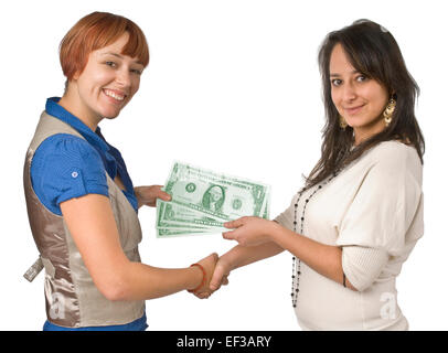 Zwei Frauen Händeschütteln halten Sie Geld Stockfoto