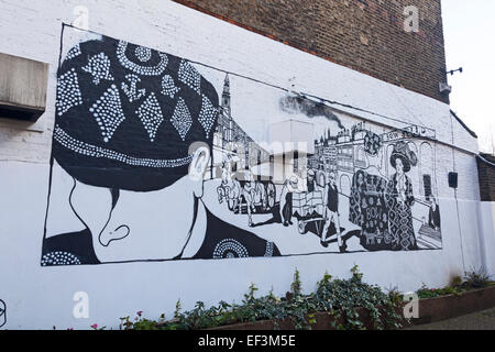 London, Bogen A Wandgemälde, die Darstellung Pearly kings und Queens an einer Wand The Bow Bells Gastwirtschaft in Bow Road Stockfoto