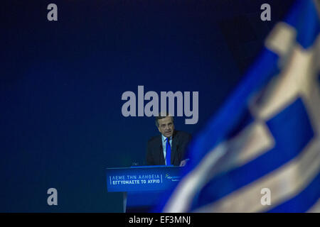 A. Samaras während Partei Ralley. A. Samaras, griechischer Premierminister, während Partei Ralley der Nea Dimokratia für Wahlen. 23.01.2015 Stockfoto