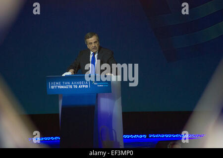 A. Samaras während Partei Ralley. A. Samaras, griechischer Premierminister, während Partei Ralley der Nea Dimokratia für Wahlen. 23.01.2015 Stockfoto