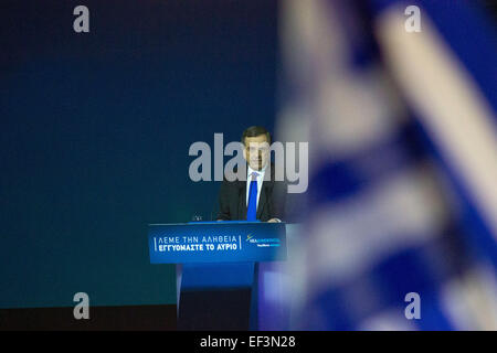 A. Samaras während Partei Ralley. A. Samaras, griechischer Premierminister, während Partei Ralley der Nea Dimokratia für Wahlen. 23.01.2015 Stockfoto