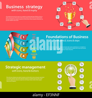 Realistische Designkonzepte für Unternehmensgründungen und Strategie, Management mit Schaltflächen, Symbole und Hand. Einsetzbar für Web-ba Stockfoto